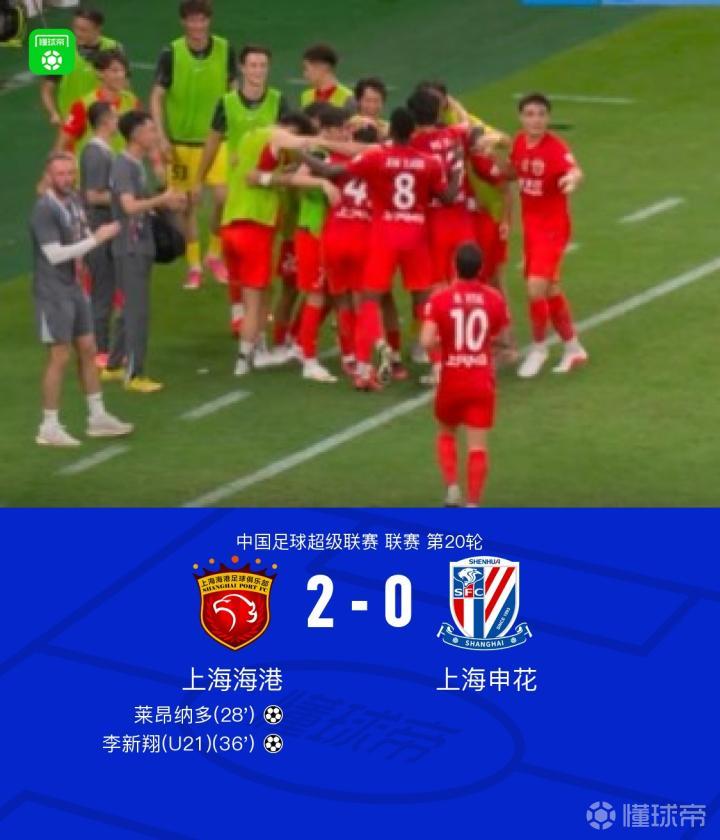 海港2-0战胜申花,莱昂纳多与李新翔双双破门