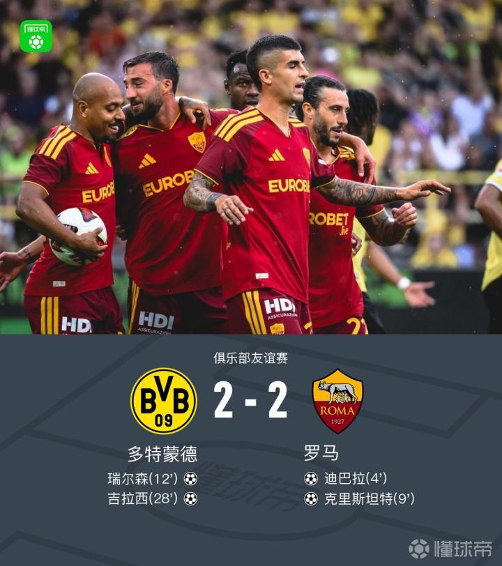 多特蒙德2-2罗马,迪巴拉与瑞尔森联手助攻,克里斯坦特与吉拉西进球