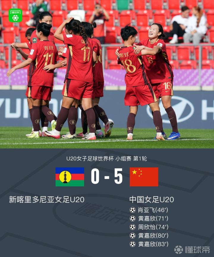 中国U20女足以5-0战胜新喀里多尼亚女足,黄嘉欣上演帽子戏法